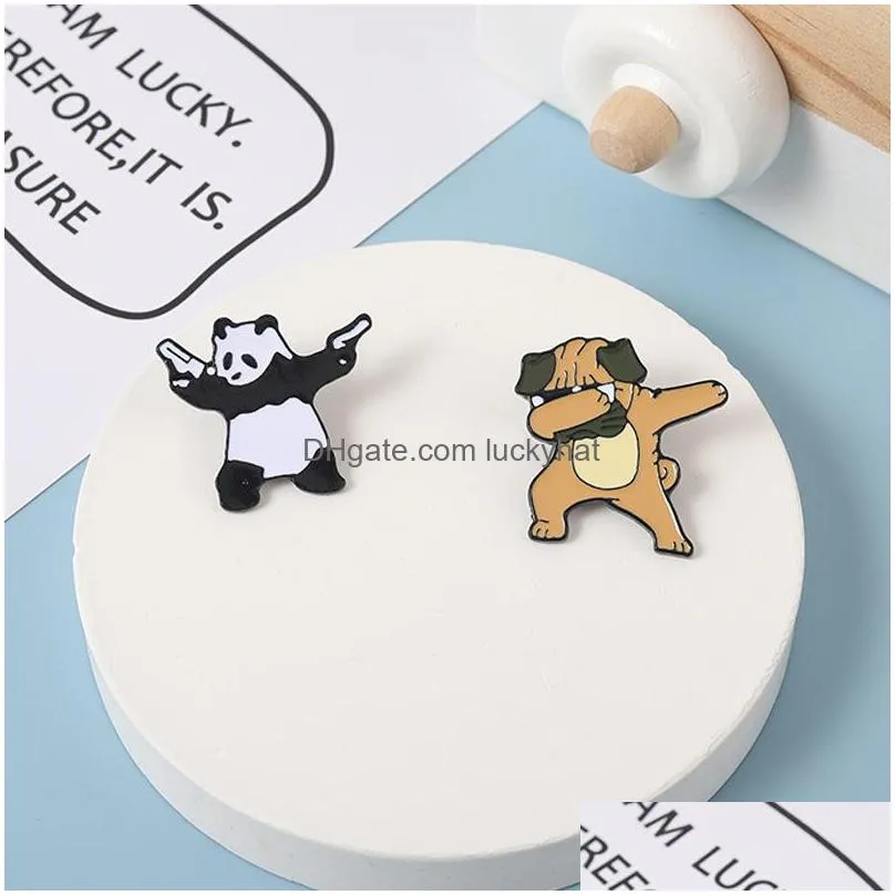cartoon animal shar pei dog brooches for women panda with gun pins brooch party metal painting enamel badge fashion creative jewelry gift