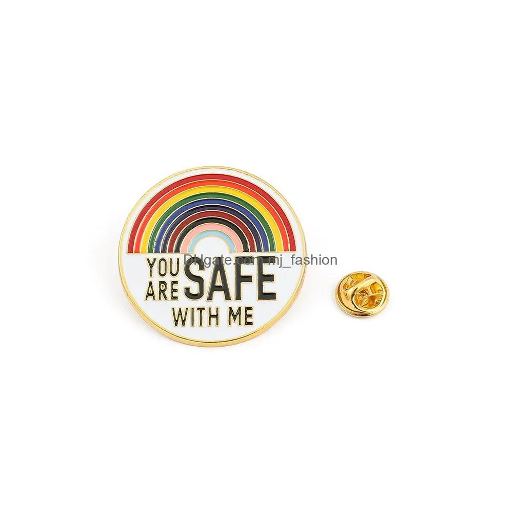 gold plated round rainbow brooches for girls fashion letter enamel pins creative personality alloy badge gift bag accessories