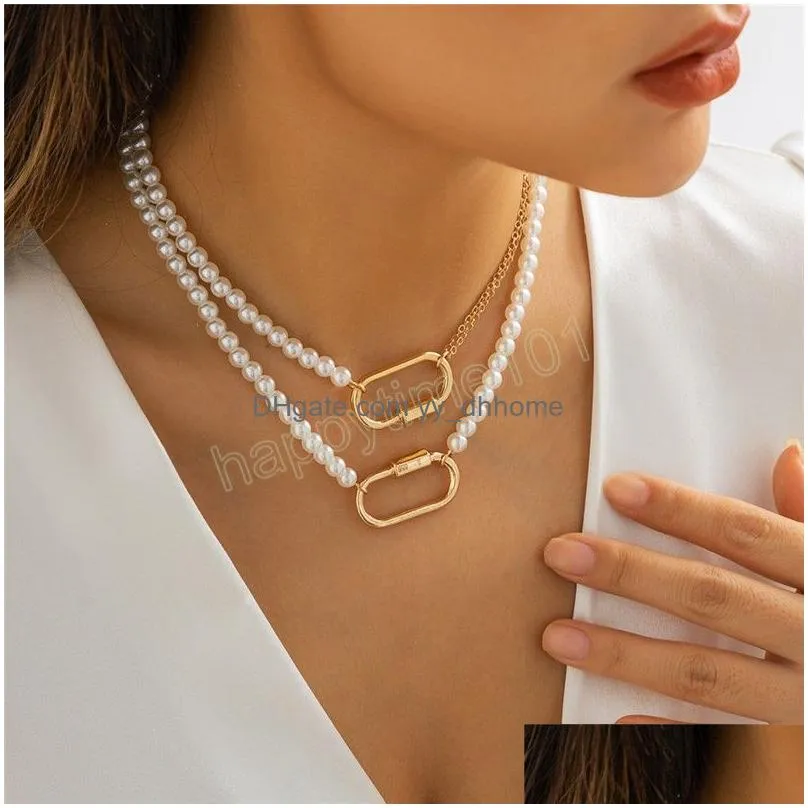 imitation pearl o shape metal pendant necklace for women wed bride vintage handmade chain neck jewelry