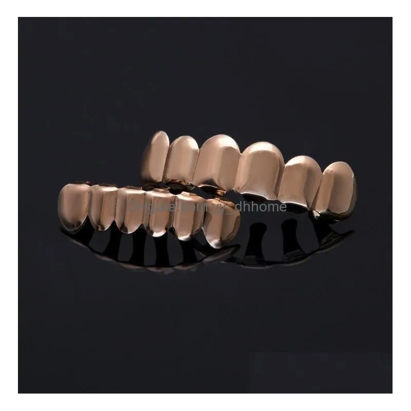  smooth gold silver rose gold plated teeth grillz 6 top bottom faux dental tooth braces grills men lady hip hop rapper body