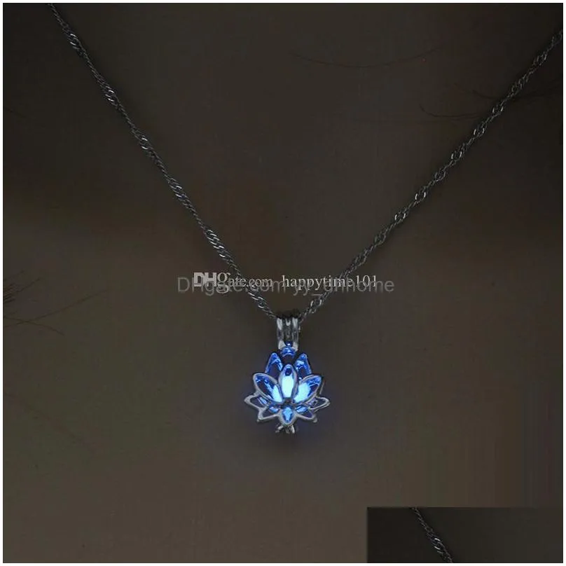 trendy silver color lotus flower luminous glow in the dark crescent pendant necklace for women pearl cage jewelry gift