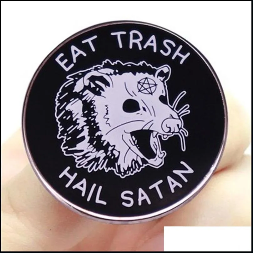 brooches eat trash hail satan occult possum enamel laple pin 605 h1