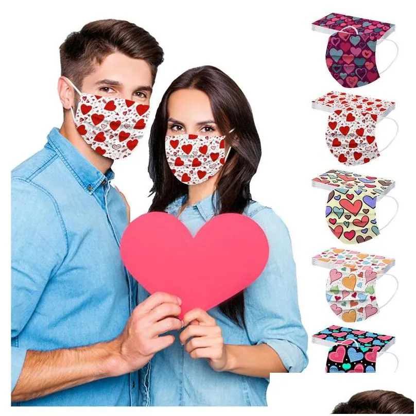 valentines day mask 3 layers disposable adult lovers printing face shield dustproof pm 2.5 woman man dust masks fashion 0 35ff m2