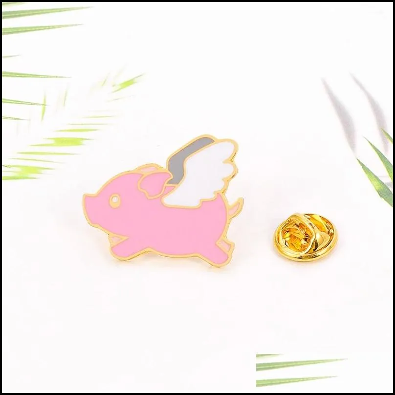 girls hard enamel brooch pin pink wing angel pig lucky cute unique design badges cartoon brooches pins jewelry wholesale 1504 e3