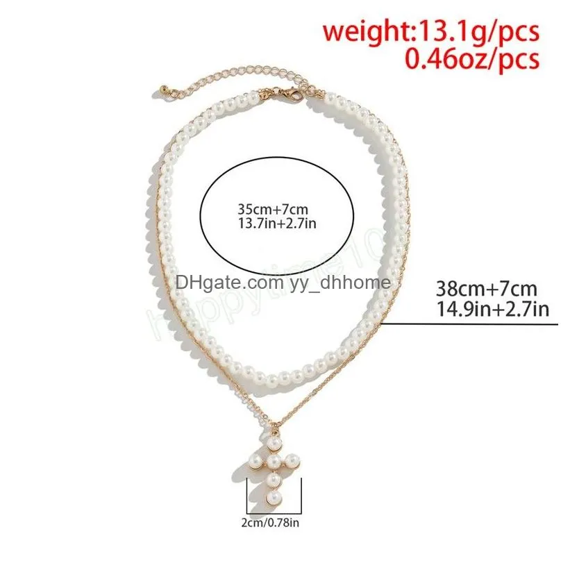 pearl cross jesus pendant necklace for women wed bridal elegant bead chain christian jewelry accessories