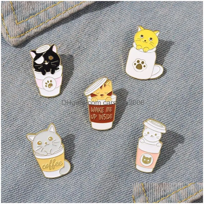 cartoon cat animal brooches set 5pcs creative coffee cup enamel paint badges for girls gold plated lapel pin denim shirt fashion jewelry gift bag hat