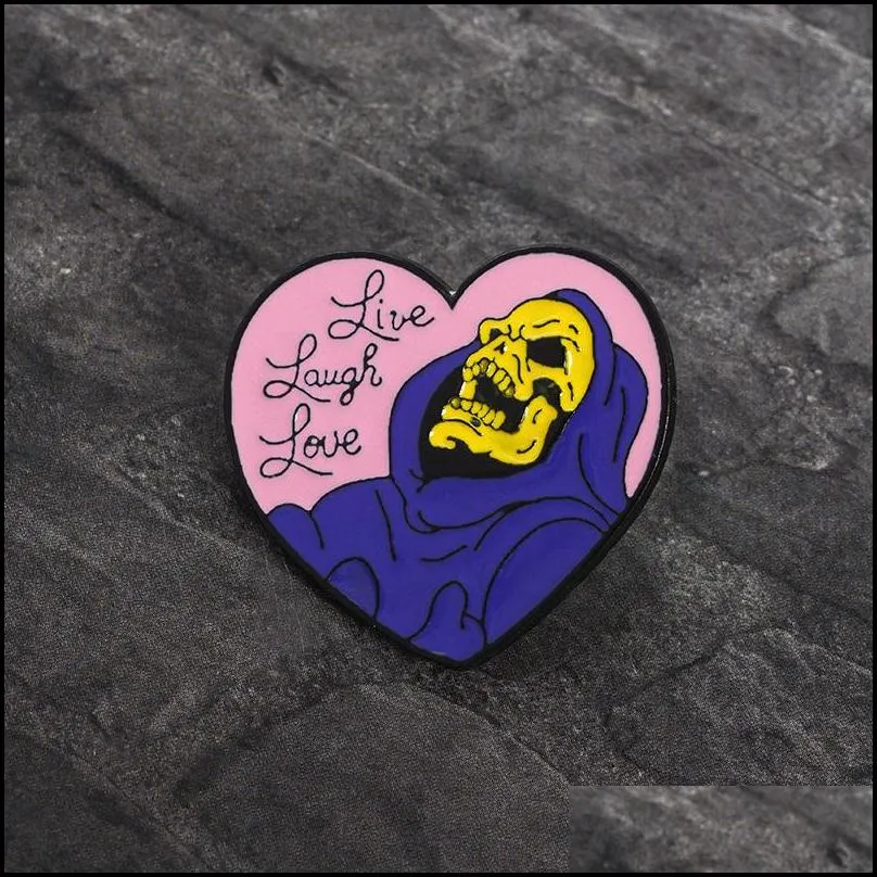 live laugh love enamel brooches pin heart shape skeleton badge brooches lapel pin for denim jeans shirt bag gothic jewelry gift for friend 1475