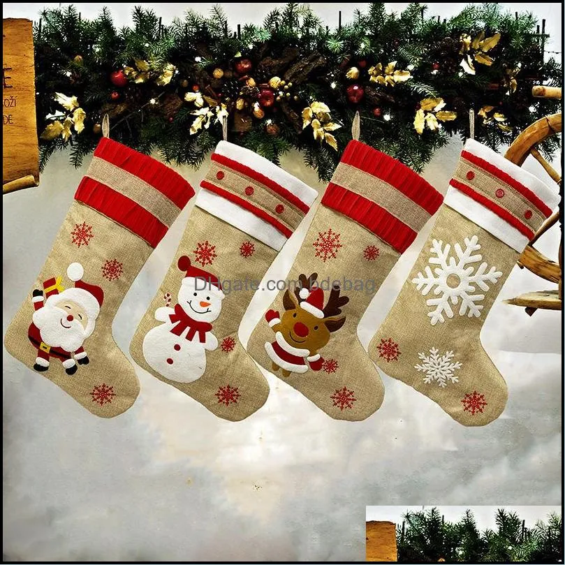 18.8inch big christmas stockings burlap canvas santa snowman reindeer cuff family pack gift bags for xmas holiday decor 1048 b3