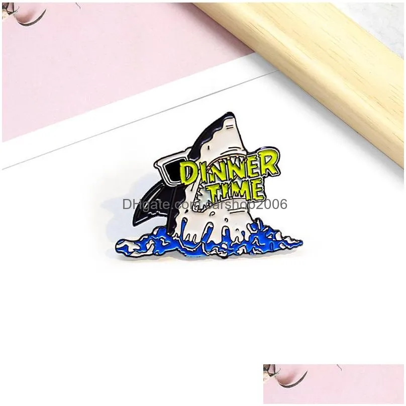 cute shark in sunglasses looking for food brooch for boys dinner time animal enamel pin wholesale creative metal badges jewelry small fashion