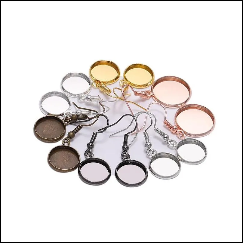 10pcs 1025mm tray bezel cabochon earring hook blank setting round pendant ear base findings for diy glass cameo jewelry making 1171