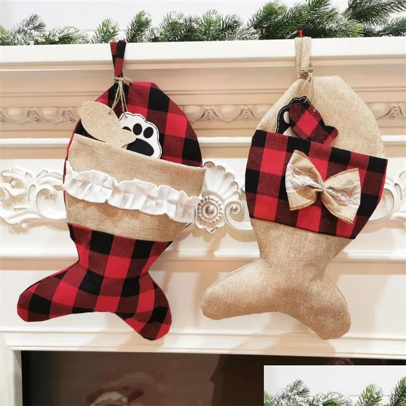 red christmas stocking ornaments plaid pattern falbala decoration outdoor bag fish bone shape personalized hanging figure bags 9 2xd