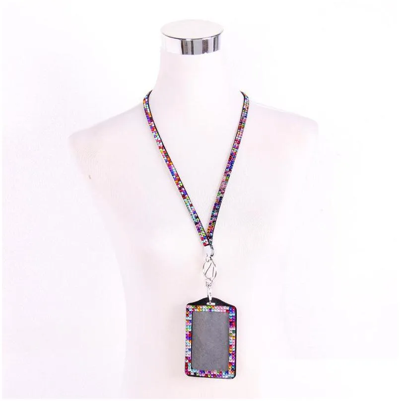 rhinestone crystal card id badge holder with lanyard rope bling vertical id business card case office papelaria supplies 934 b3