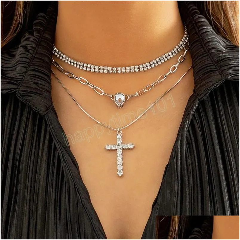 classic iced out rhinestone cross pendant necklace for women girls clavicle tennis chain jesus christmas jewelry gift