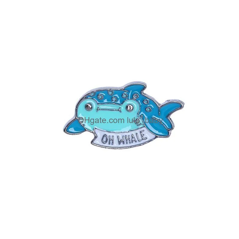 cartoon personality ocean animal brooch kawaii smile whale paint enamel lapel pins lettter alloy brooches for women denim shirt badge fashion jewelry