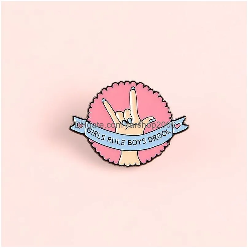 creative feminism badge brooches for women round zinc alloy letter girls rule boys drool denim shirts hats bags enamel pins small