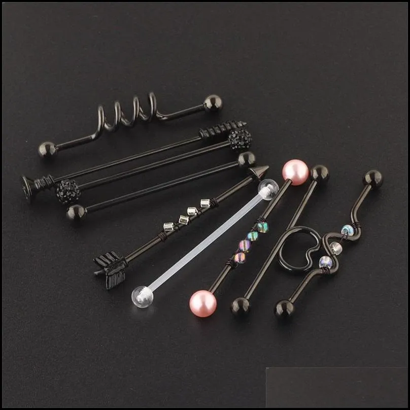 9pc 14g industrial barbell navel piercing ear cartilage helix stud straight long bar earring body jewelry women 1223 e3