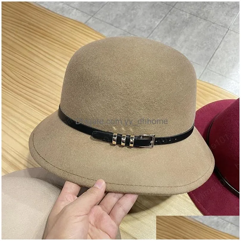 autumn winter women wool caps fashion solid color bucket cap with leather belt woman casual fisherman hat