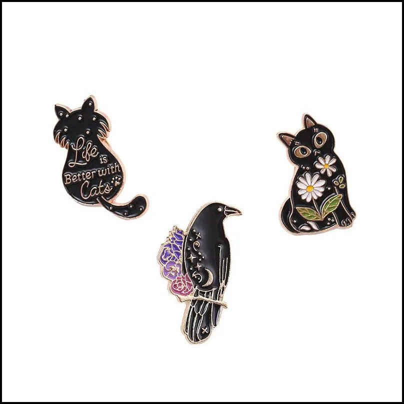 lapel enamel crow pins custom witchy bookish six of crows brooches shirt bag badge fantasy book witch animal jewelry flower cat 1473
