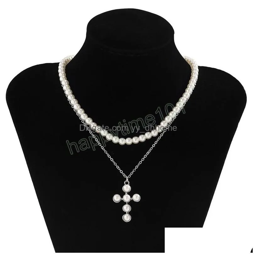 pearl cross jesus pendant necklace for women wed bridal elegant bead chain christian jewelry accessories