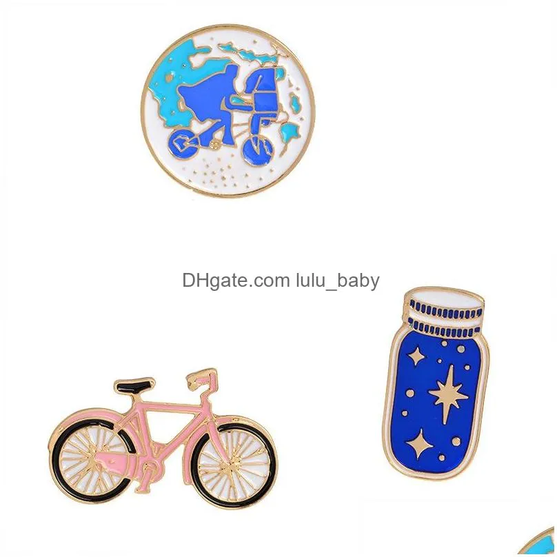 gold plated pink bike alloy brooches for boys girls cartoon creative personality jewelry enamel lapel pins funny wish bottle badges denim shirt gift bag