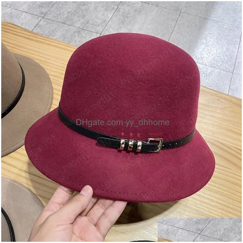 autumn winter women wool caps fashion solid color bucket cap with leather belt woman casual fisherman hat