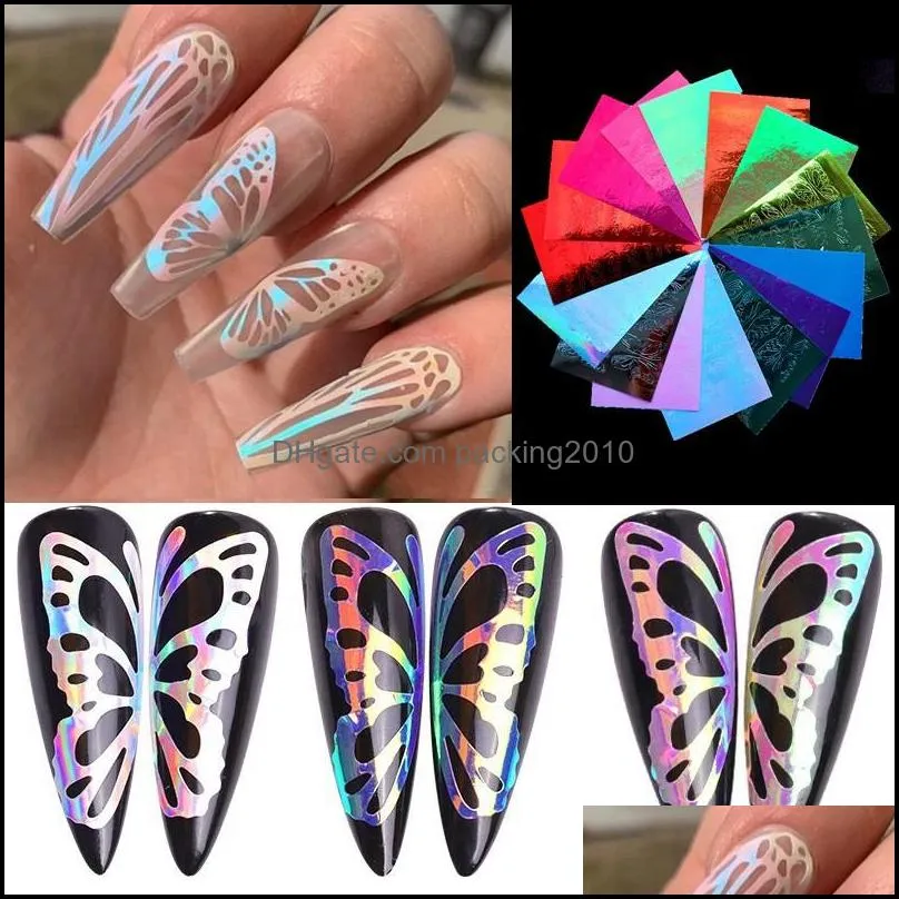 butterfly flame design nail sticker 16 colors laser gradients womens decor nails sticky tips manicure decoration decals 4 9lf l2