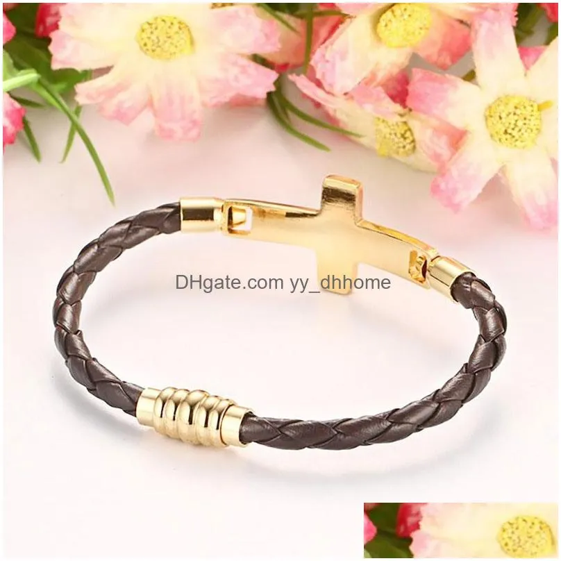 goldcolor stainless steel cross bracelets bangles for men pu leather men hand chain