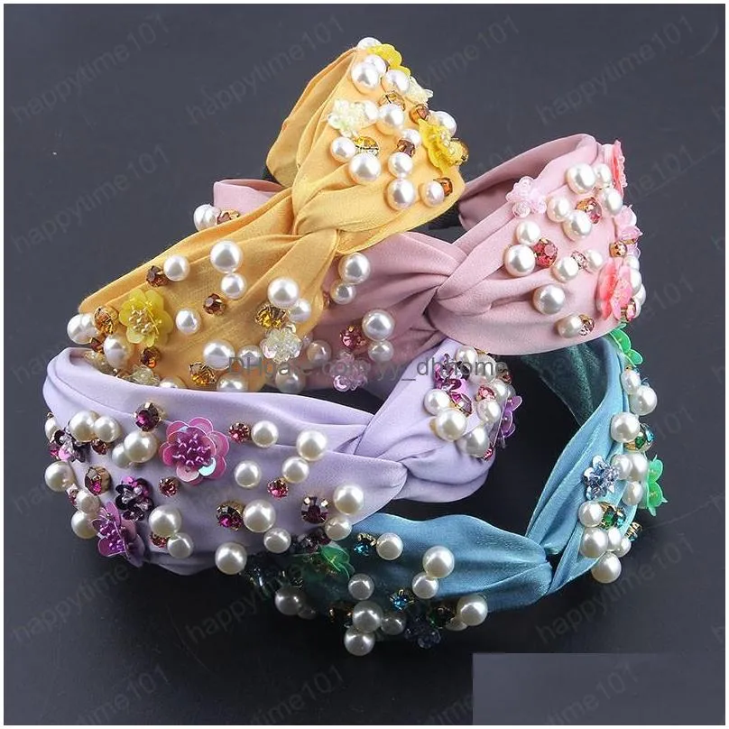 fashion temperament shiny fabric inlaid with colored rhinestones headband women pearl scales flower headbands