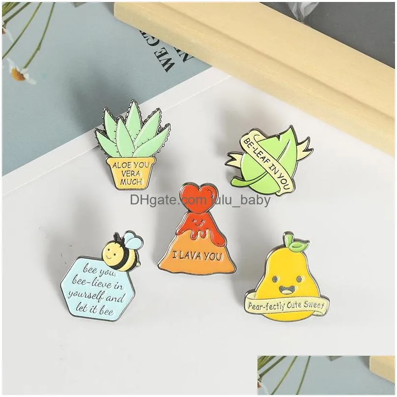 cartoon animal plant brooches set 5pcs letter fragrant pear enamel paint badges aloe volcano alloy lapel pin denim shirt fashion jewelry gift bag hat