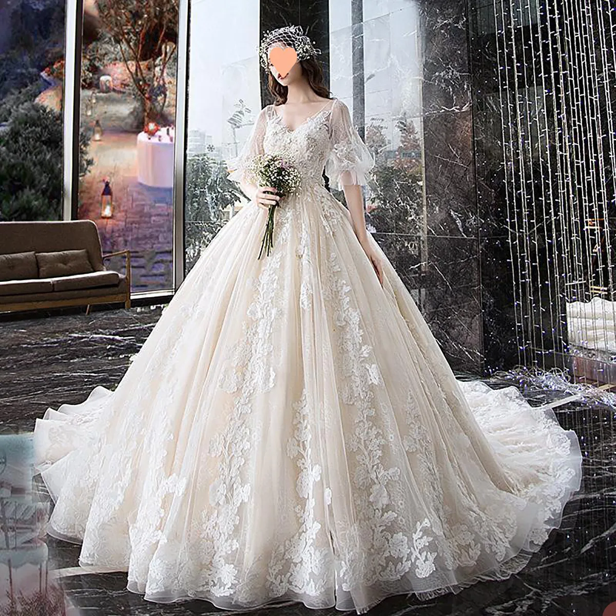 Luxurious Ball Gown Wedding Dresses Short Sleeves Tulle with 3D Floral Flowers Applicant Backless Stain Chapel Court Train Custom Made Vestidos De Novia