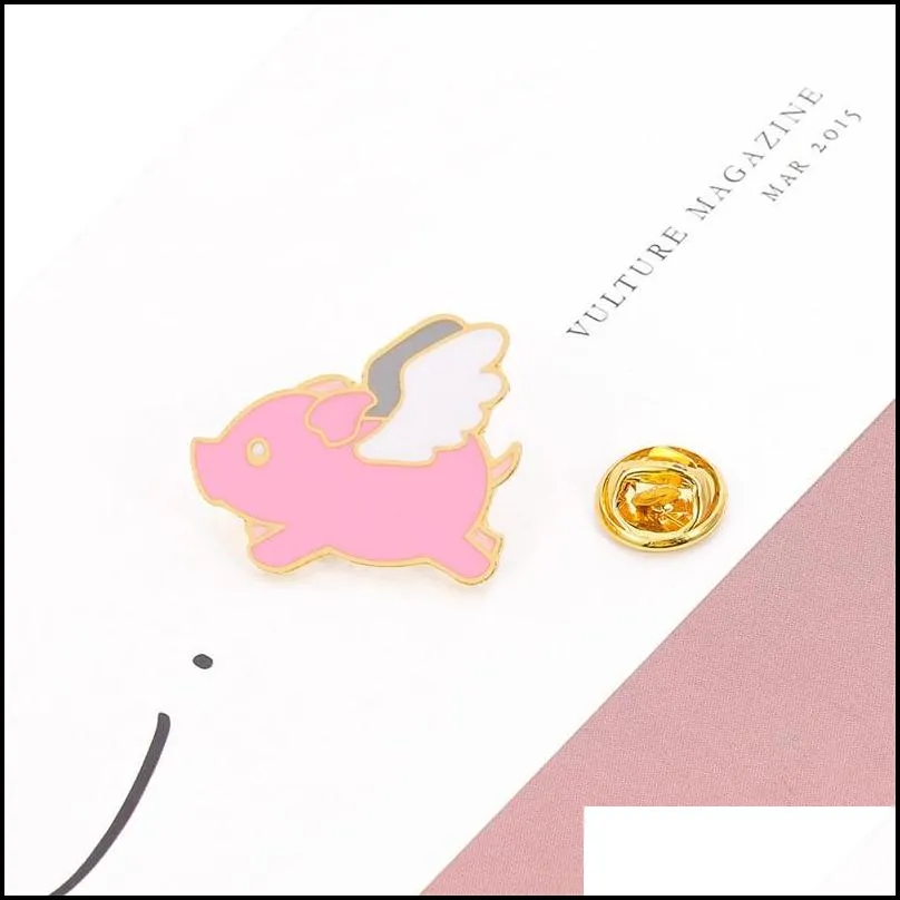 girls hard enamel brooch pin pink wing angel pig lucky cute unique design badges cartoon brooches pins jewelry wholesale 1504 e3