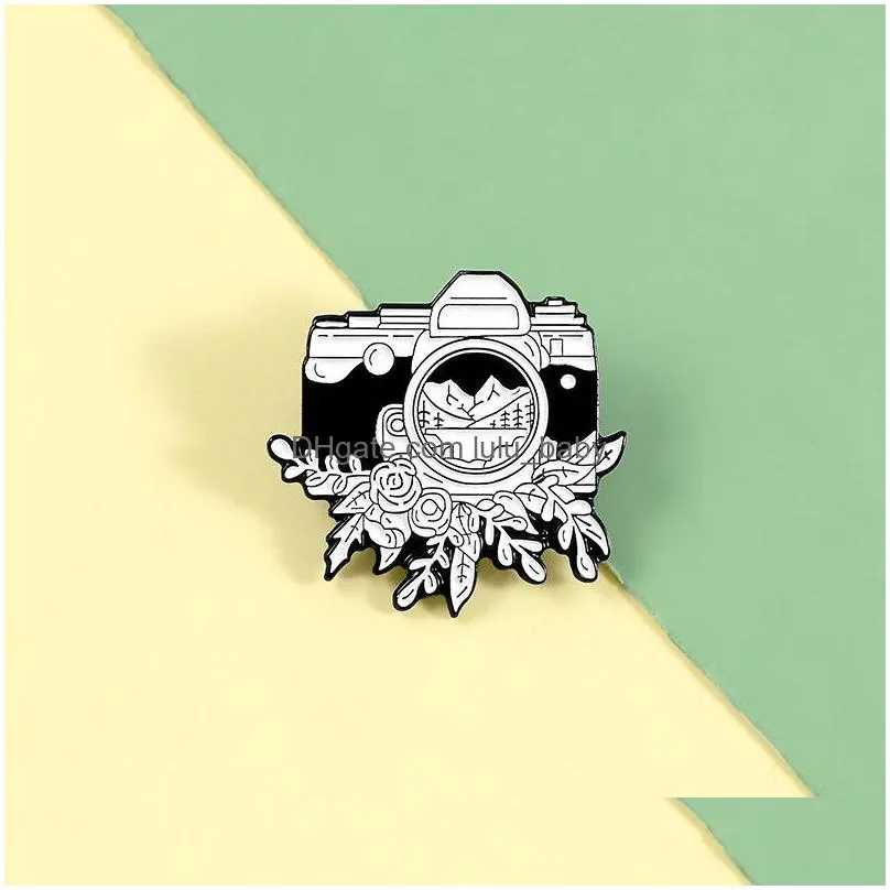 fashion retro outdoor adventure travel camera brooch mountain forest flower jewelry pin paint enamel badge for women funny denim shirt gift clothes