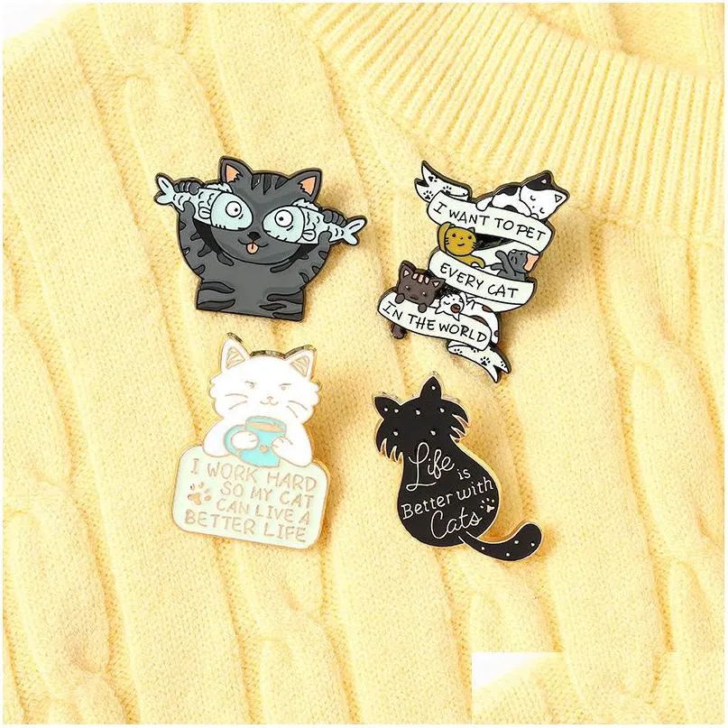 cute little cat enamel pins creative animal brooches 4pcs /set gold plated letter brooch for girls shirt badge jewelry gift bag