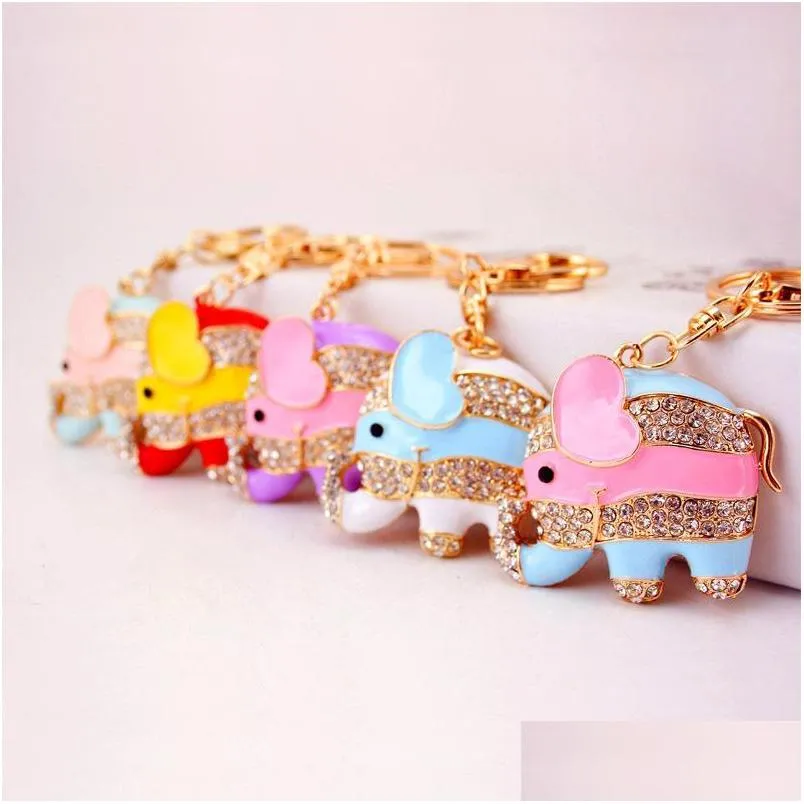 colorful elephant pendant keychain crystal rhinestone animal key ring lobster clasp metal car key chains handbag decor charm craft