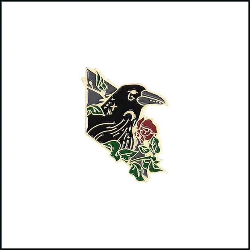 crow raven enamel pin custom bird feather brooches moon flowers bag lapel pin punk badge gothic jewelry gift for friends 6191 q2