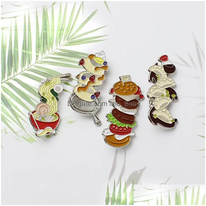 cartoon delicacy pins 4pcs/set layered burger gyoza ramen cake brooches for women enamel pin jewelry metal badges denim shirt bags small