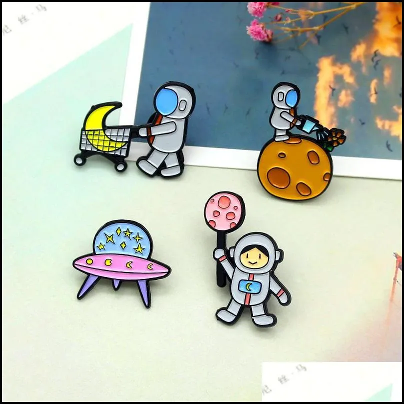 cartoon astronaut ufo brooches pilot universe moon planet enamel pin badge cosmos series brooch jewelry for women 637 h1