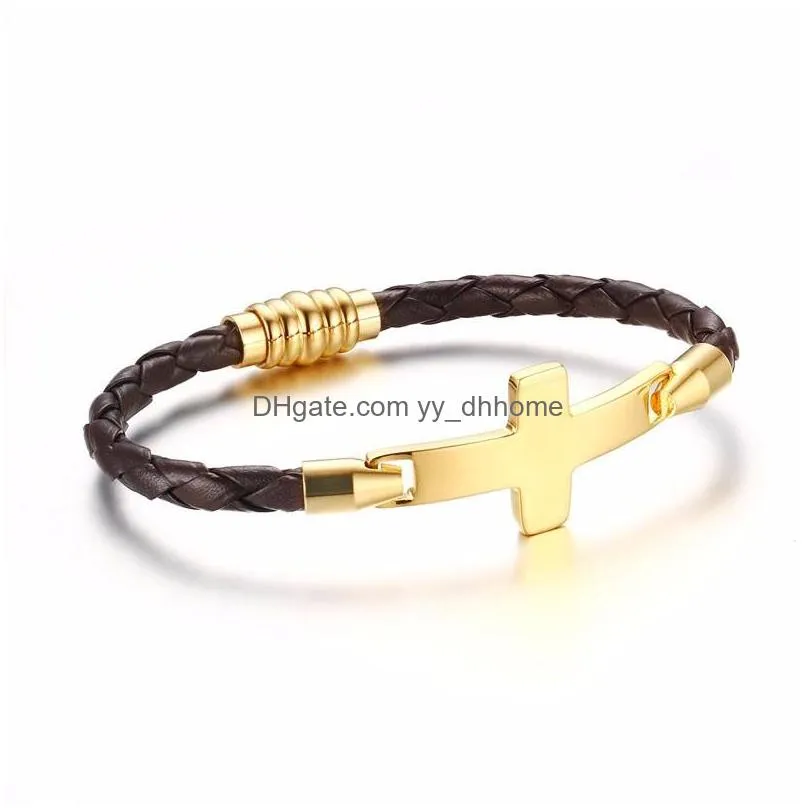 goldcolor stainless steel cross bracelets bangles for men pu leather men hand chain