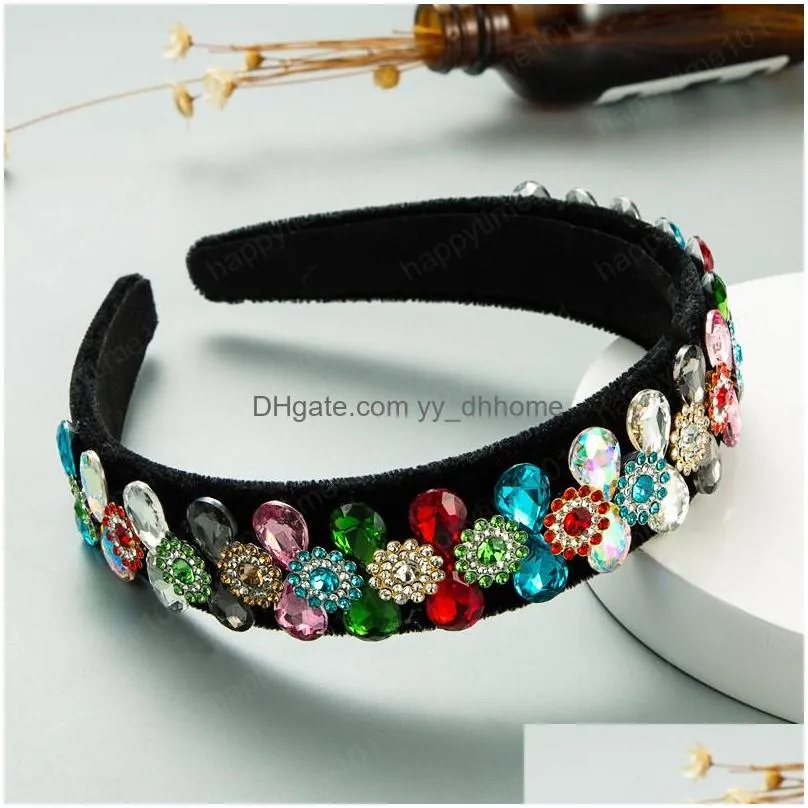 colorful crystal flower headband vintage shiny rhinestone padded black velvet hairband female party headpieces