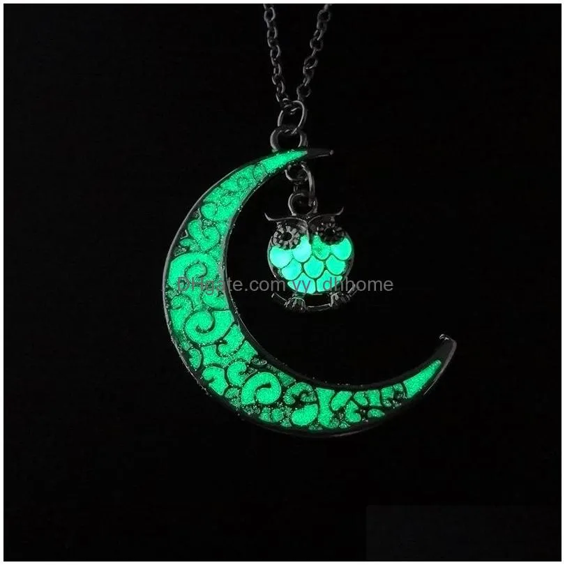  moon owl glowing pendant necklace cute gem charm jewelry silver plated women fashion luminous necklace gifts