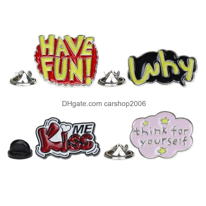 creative cartoon english alphabet brooches set 4pcs have fun kiss me why enamel paint badges alloy lapel pin denim shirt fashion jewelry gift bag hat