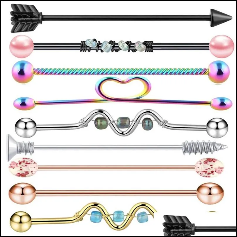 9pc 14g industrial barbell navel piercing ear cartilage helix stud straight long bar earring body jewelry women 1223 e3