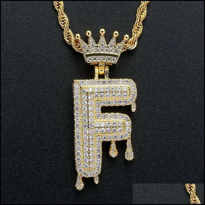 26 english initial crown pendant necklaces bling jewelry zircon 18k gold letter diamond pendants hip hop necklace for women men stainless steel chain 2528