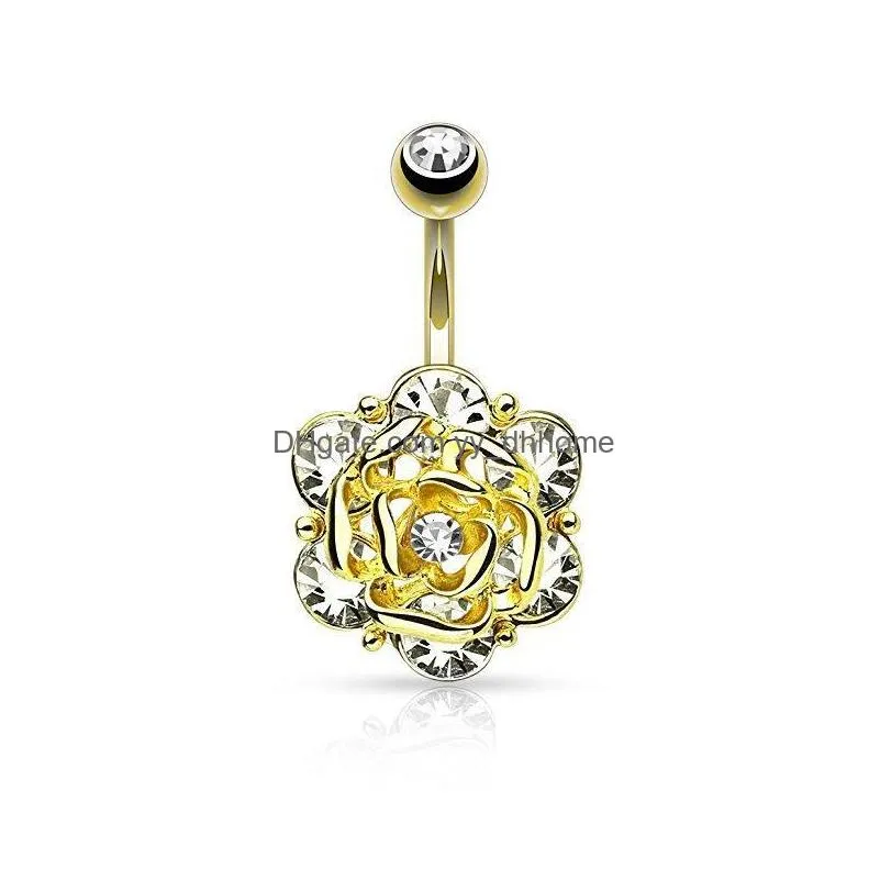 rose flower navel rings belly button rings crystal 316l stainless steel piercing belly rings body jewelry