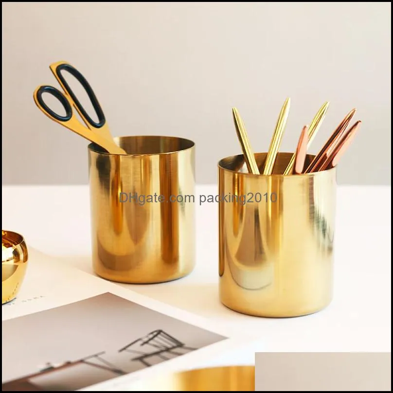 gold plated pen container retro vase stainless steel multi function desktop storage cup home furnishings fashion cosmetic tube 18yh k2