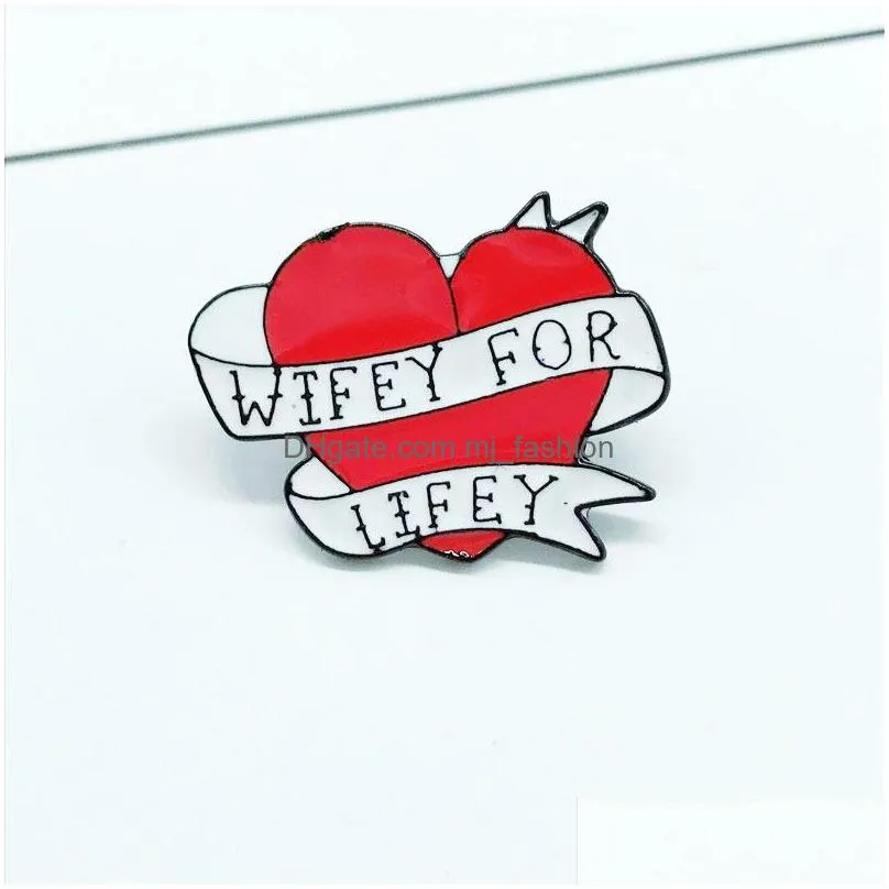 wifey for life brooch for women creative letter red love heart badges ribbon design denim shirts clothes shoes hats bags collar pins