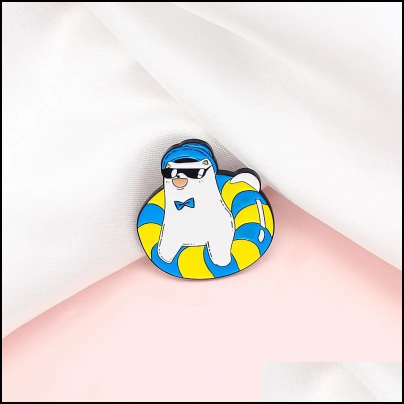 fashion animal brooches pins sunset whale polar bears and white cat sitting on the swimming circle hat badge jewelry cartoon enamel brooch pin 2 4zn1