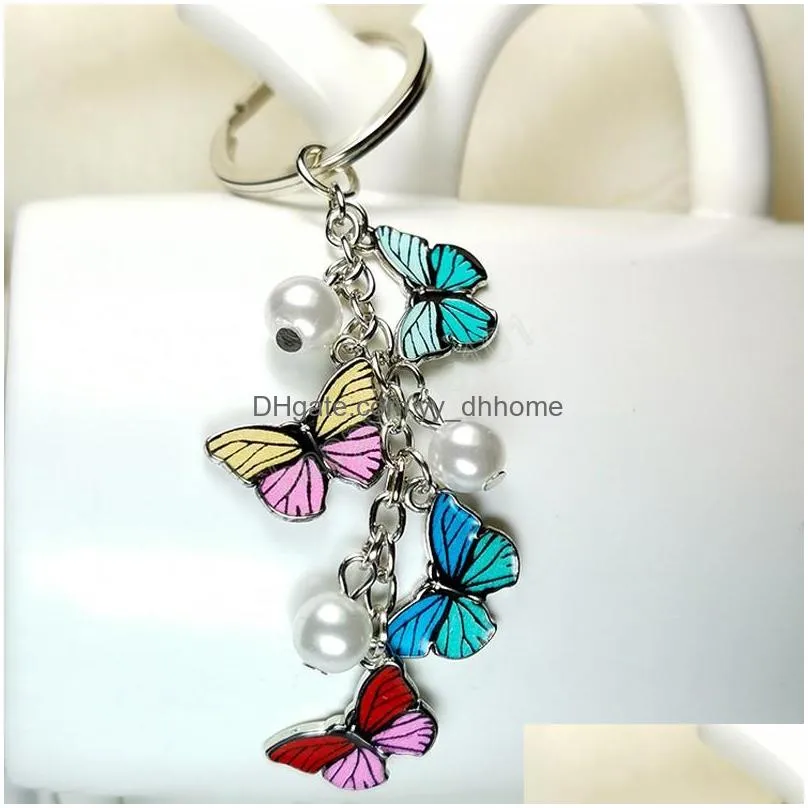 fashion colorful butterfly keyrings phone bag purse school bag pearl butterfly pendant alloy keychains for women gifts