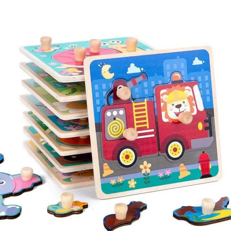 3D Wooden Puzzles Educational Cartoon Animals Early Learning Cognition Jigsaw Game For Children Toys