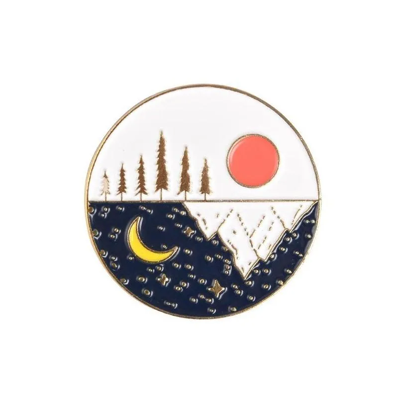 cartoon round gold silver plated brooches for women paint lapel pins funny mountain peak moon sun day and night badges denim shirt gift bag accessories collar